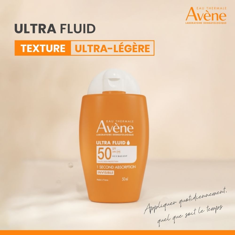 Flacon Avène Solaire SPF 50 Ultra Fluid, 50ml.