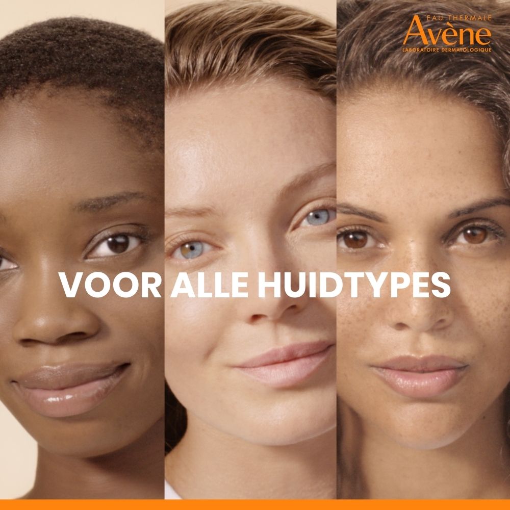 Gezichten van vrouwen met verschillende huidtypes. Tekst: Voor alle huidtypes.