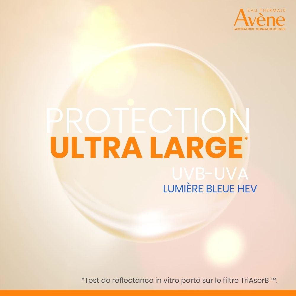 Fond circulaire. Texte: Protection Ultra Large, UVB-UVA, Lumière Bleue HEV.