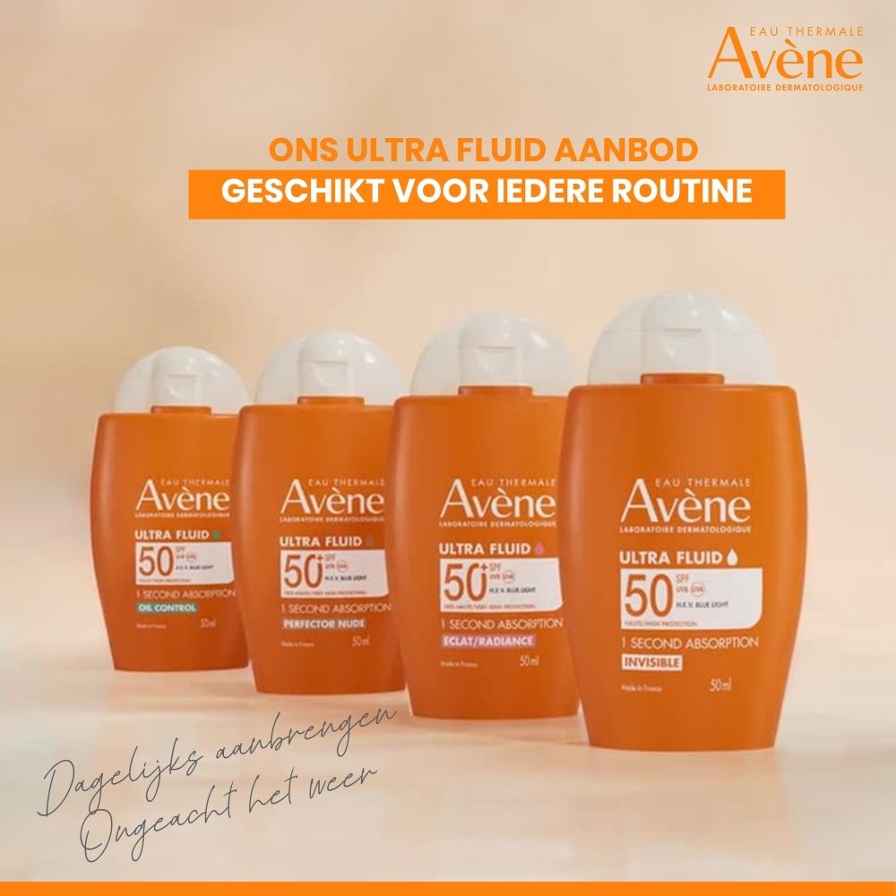 Meerdere flessen. Tekst: Ons Ultra Fluid aanbod, Geschikt voor iedere routine.