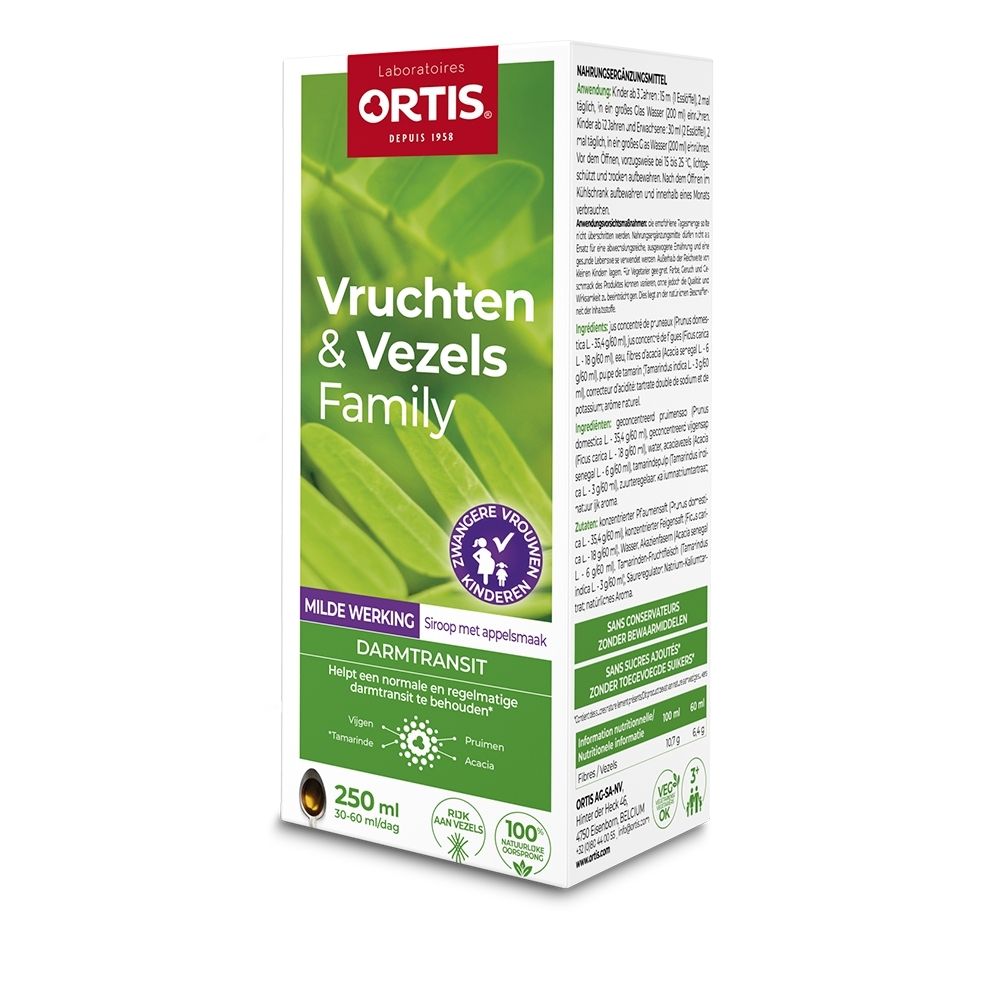 Ortis Fruits & Fibres: Doos van 250 ml siroop met appelsmaak voor de darmtransit.