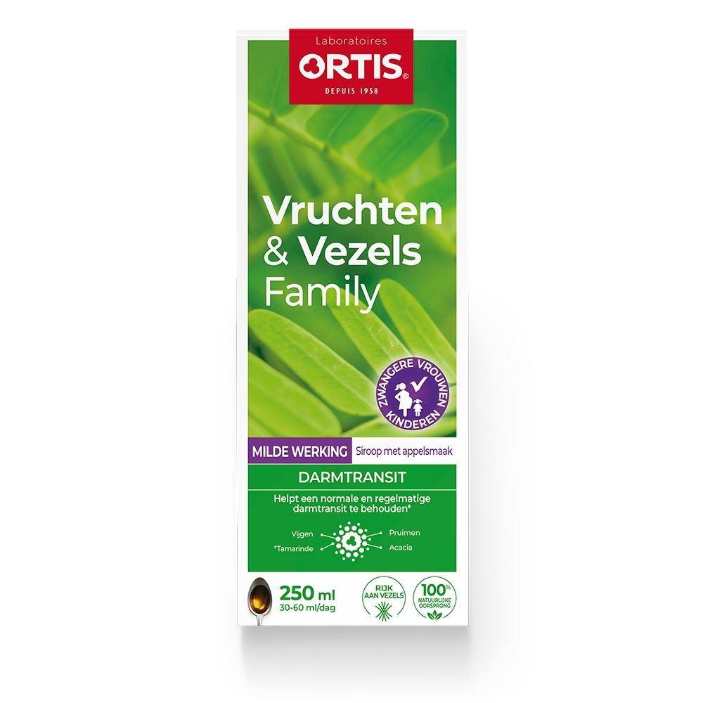 Ortis Fruits & Fibres: Doos van 250 ml siroop met appelsmaak voor de darmtransit.