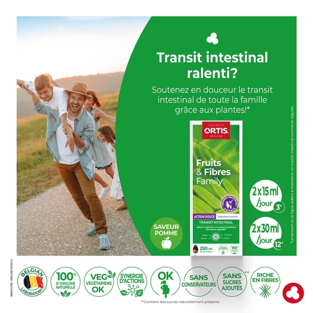 Ortis Fruits & Fibres : Boîte de 250 ml de sirop saveur pomme pour le transit intestinal.