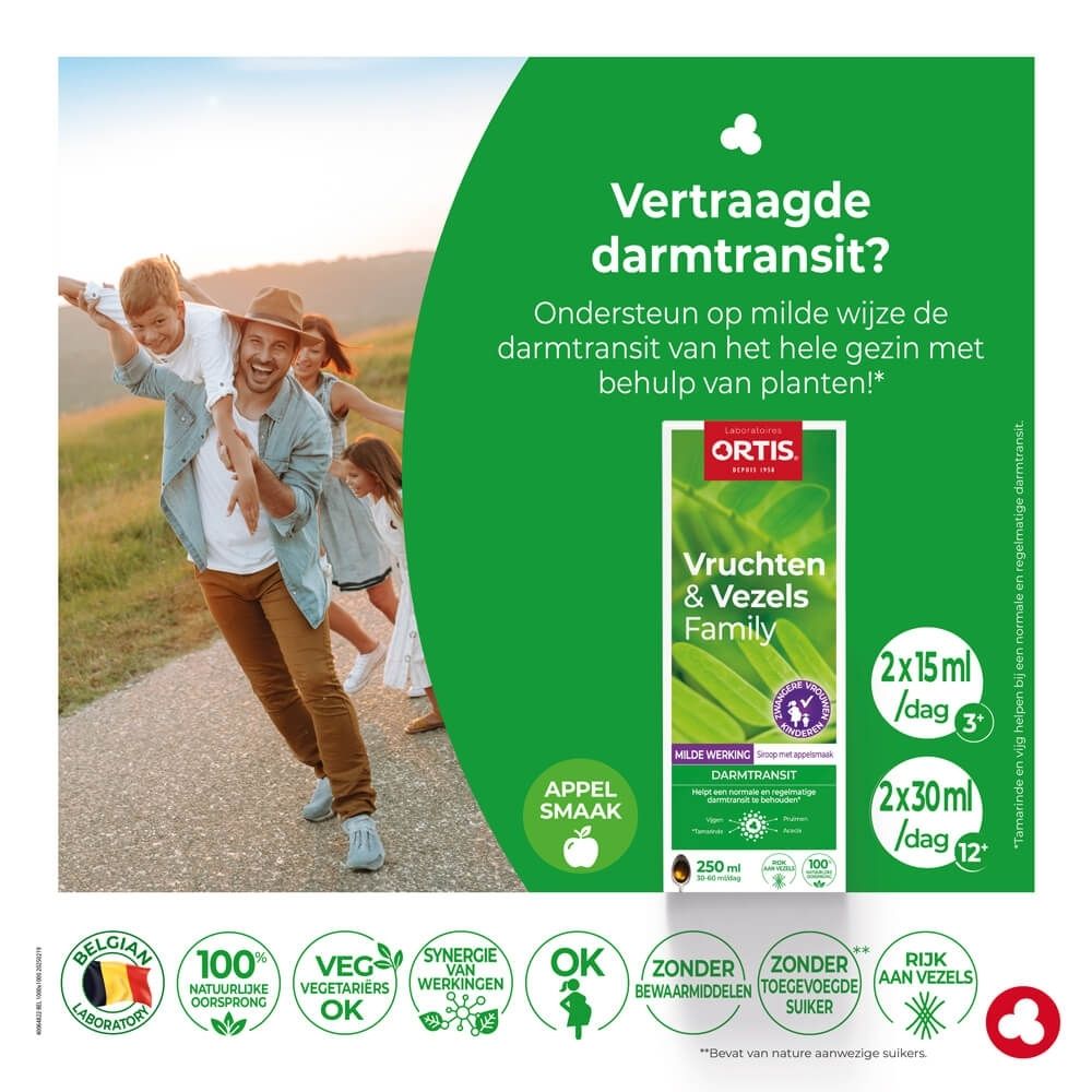 Ortis Fruits & Fibres: Doos van 250 ml siroop met appelsmaak voor de darmtransit.