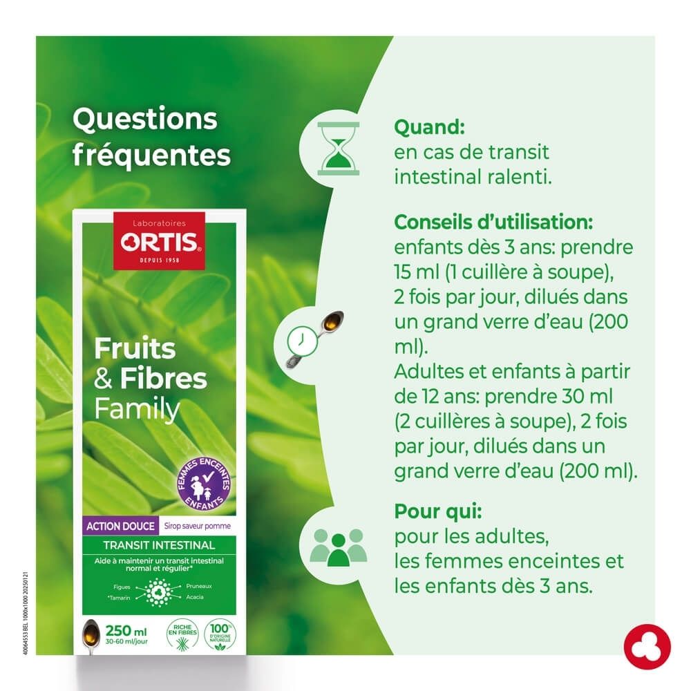 Ortis Fruits & Fibres : Boîte de 250 ml de sirop saveur pomme pour le transit intestinal.