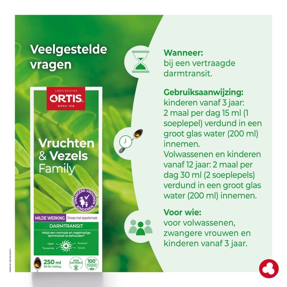 Ortis Fruits & Fibres: Doos van 250 ml siroop met appelsmaak voor de darmtransit.