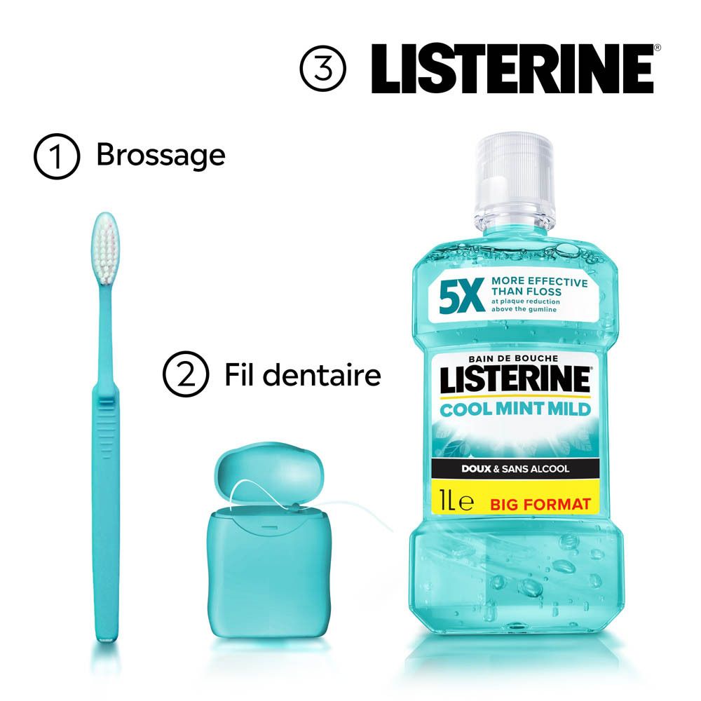 Brosse à dents, fil dentaire et Listerine Cool Mint Mild. Inscription : Listerine Cool Mint Mild.