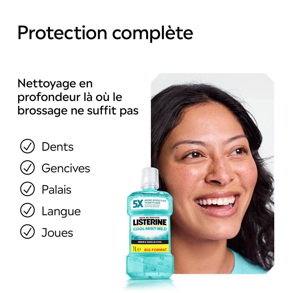 Femme souriante. Listerine Cool Mint Mild, bain de bouche. Inscription : 1L, Big Format.