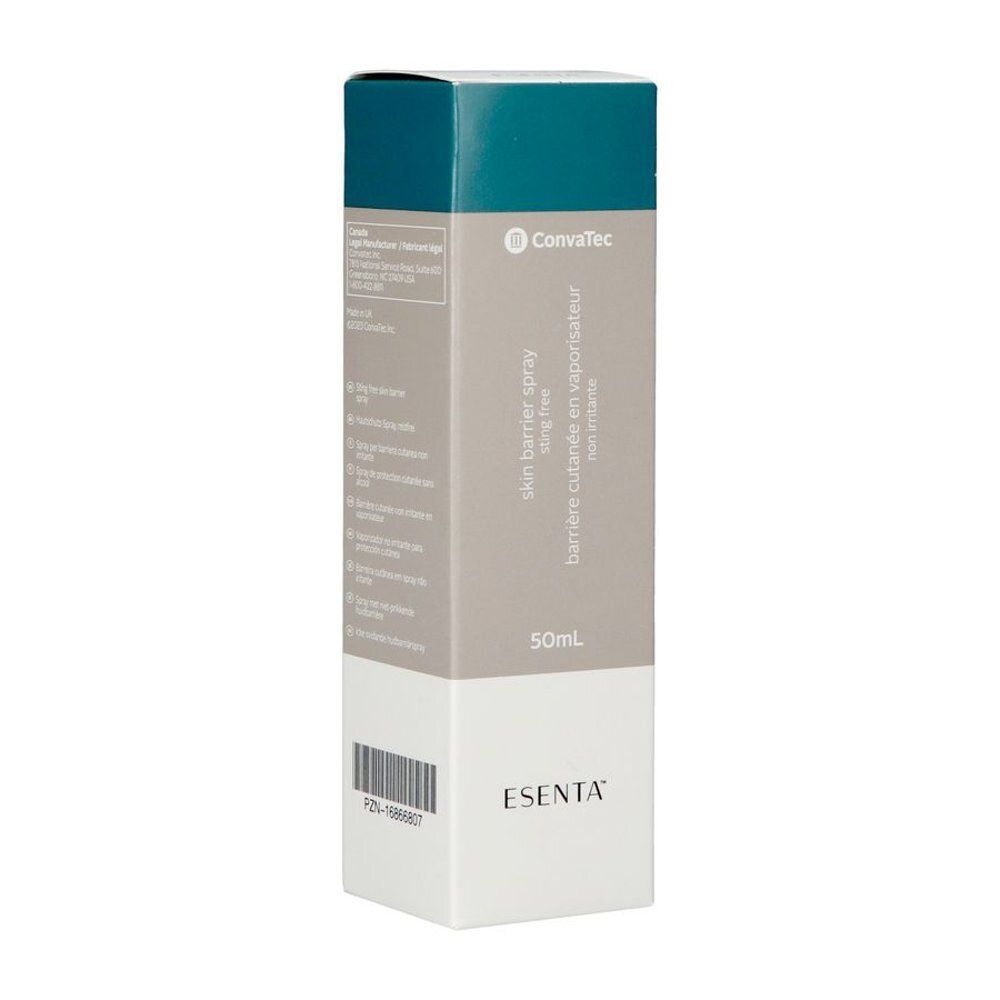 Kartonnen verpakking. Opschrift: ESENTA, ConvaTec, Skin barrier spray, 50ml. Groen, beige en wit.