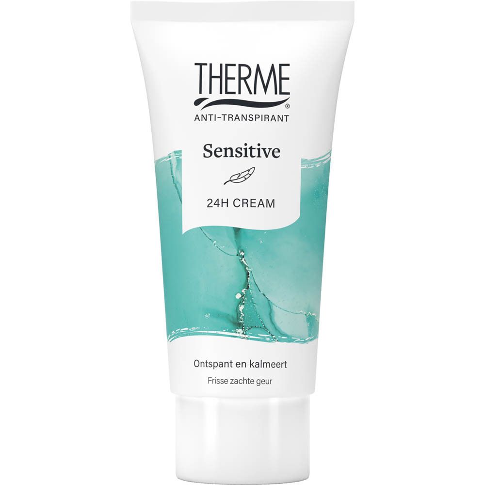 Tube THERME Antitranspirant Sensitive 24H Cream, "New Look", met aquamotiv.