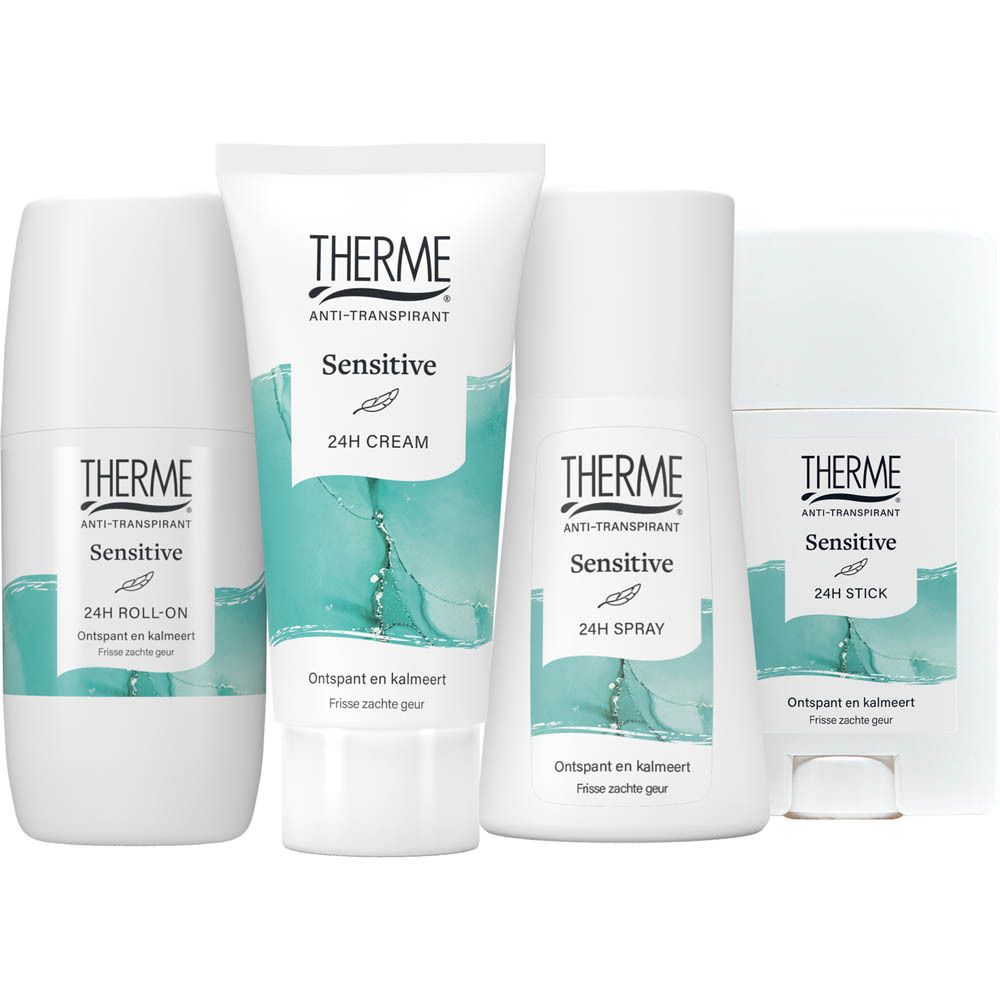 Vier THERME Antitranspirant Sensitive producten: roll-on, 24H Cream tube, 24H spray en stick.