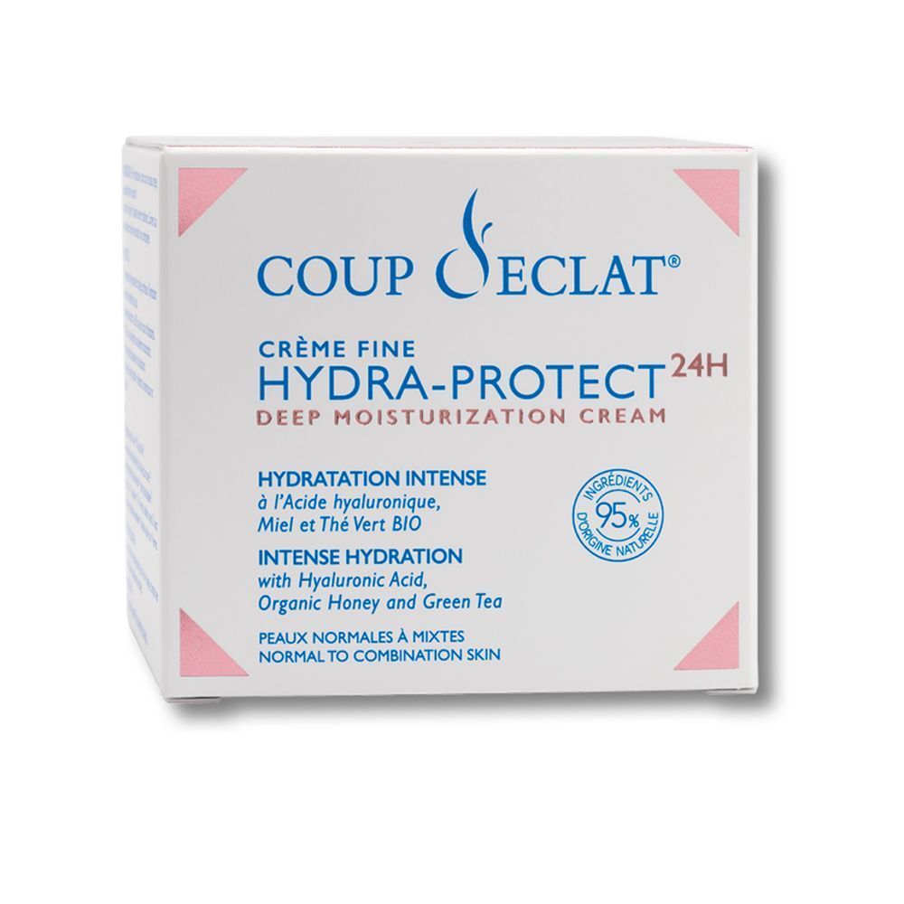 Boîte blanche avec texte COUT D'ÉCLAT Crème Fine Hydra-Protect 24H. Ingrédients 95% d'origine naturelle. Texte en français et anglais.