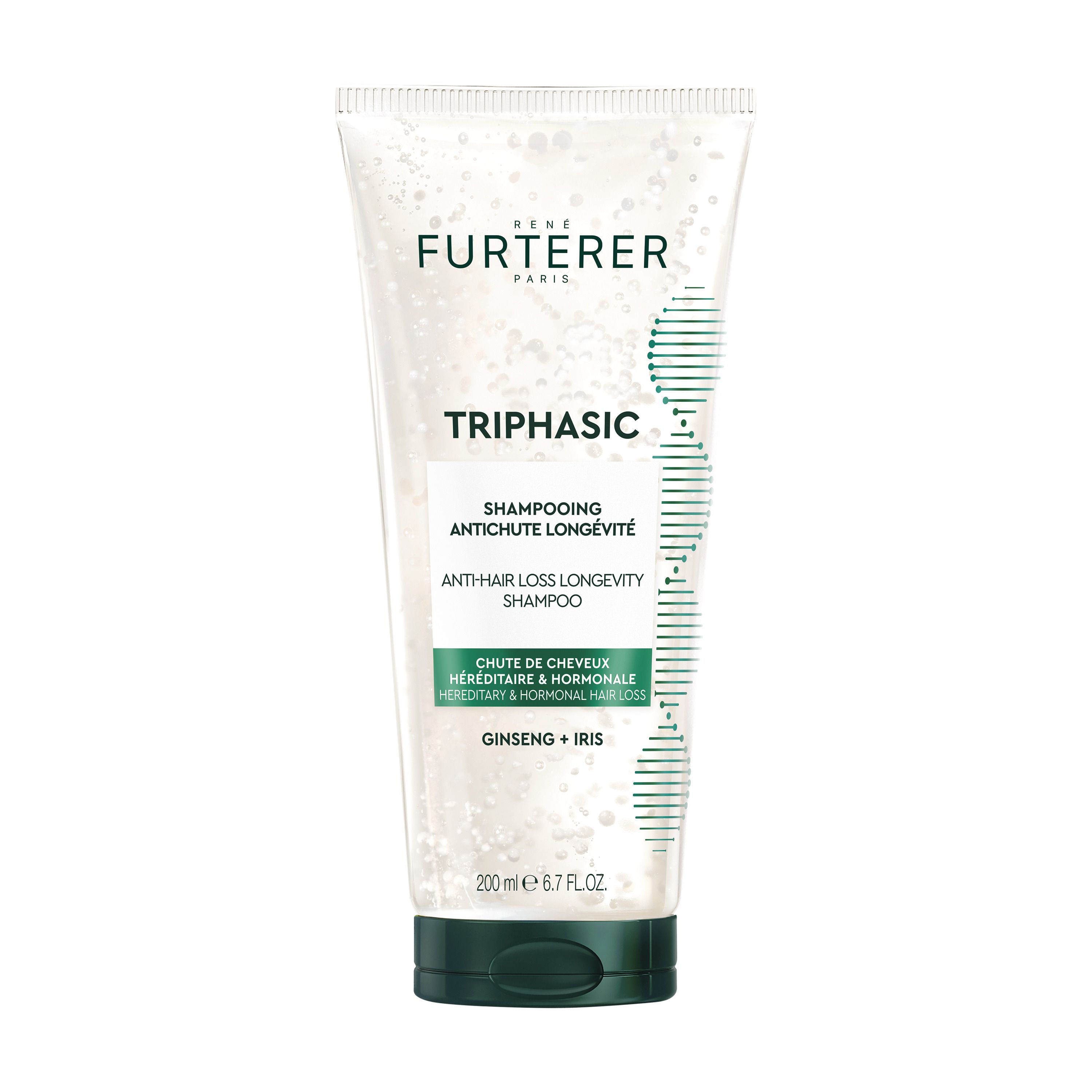 Tube de shampooing. Inscription: FURTERER PARIS, TRIPHASIC, Shampooing Épaississant. Texte vert et blanc.