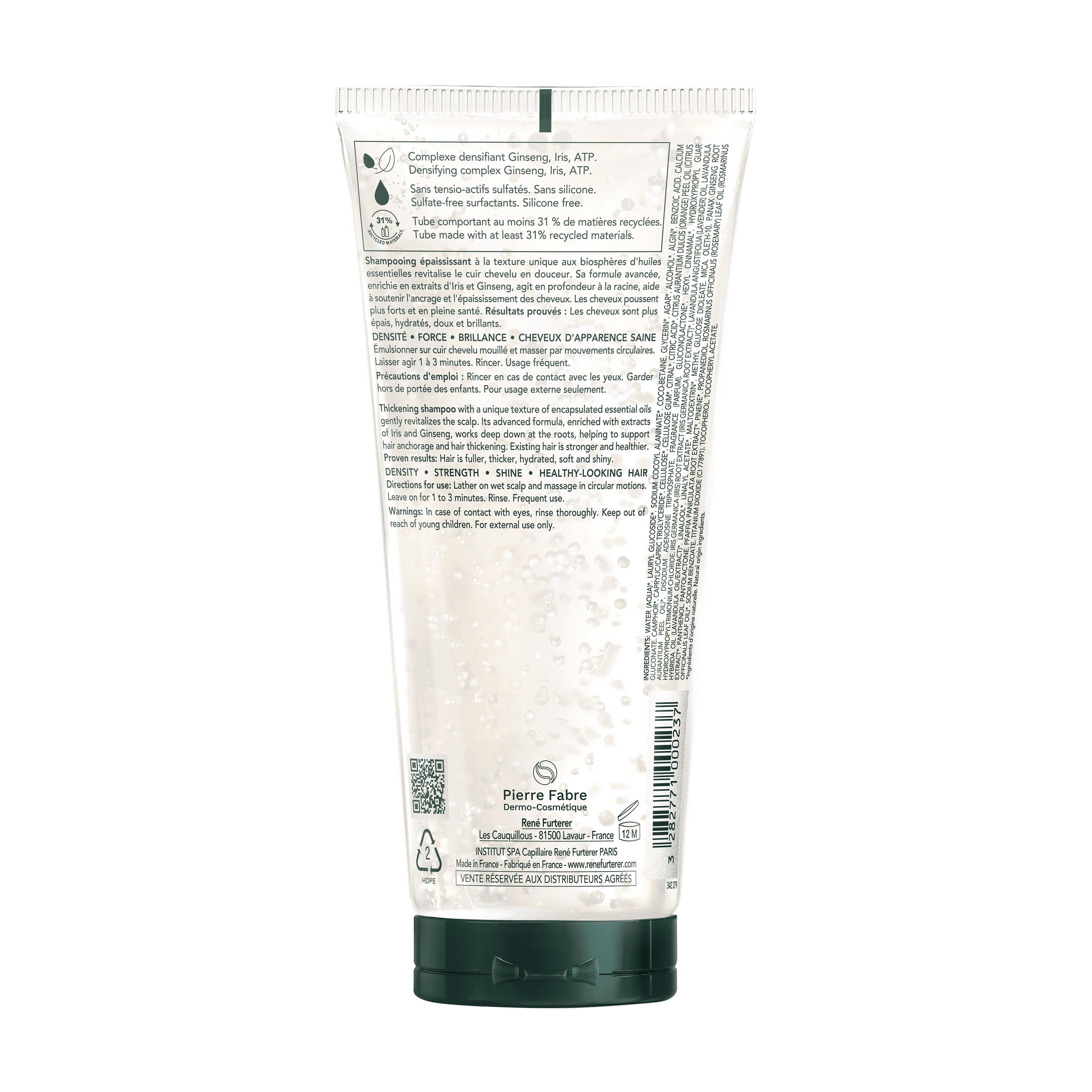 Achterkant van de shampoo tube. Meertalige tekst. Fabrikant: Pierre Fabre. Recyclingsymbolen.