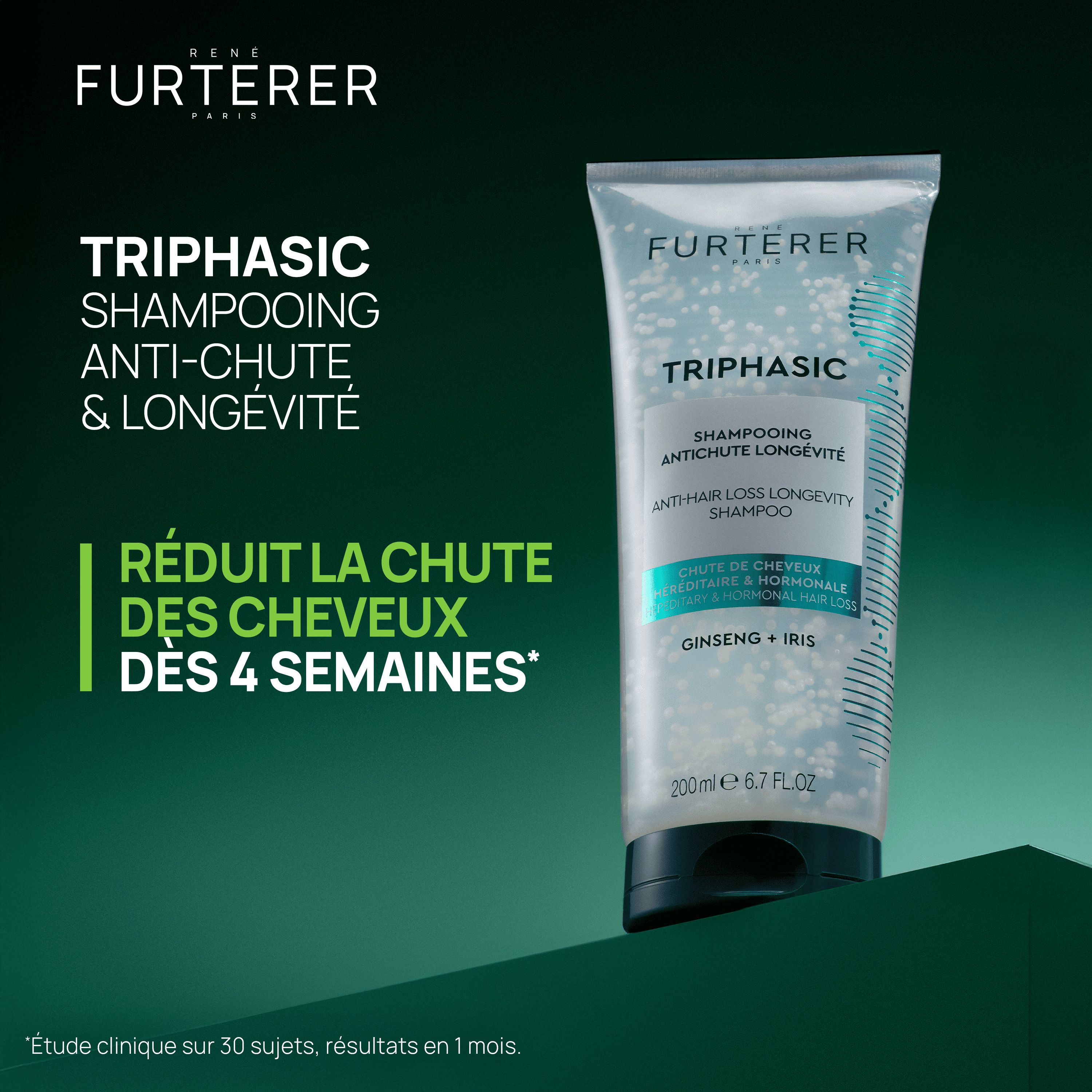 Image publicitaire. Tube de shampooing. Texte: FURTERER, TRIPHASIC, Shampooing Anti-Chute & Longévité. Fond vert.