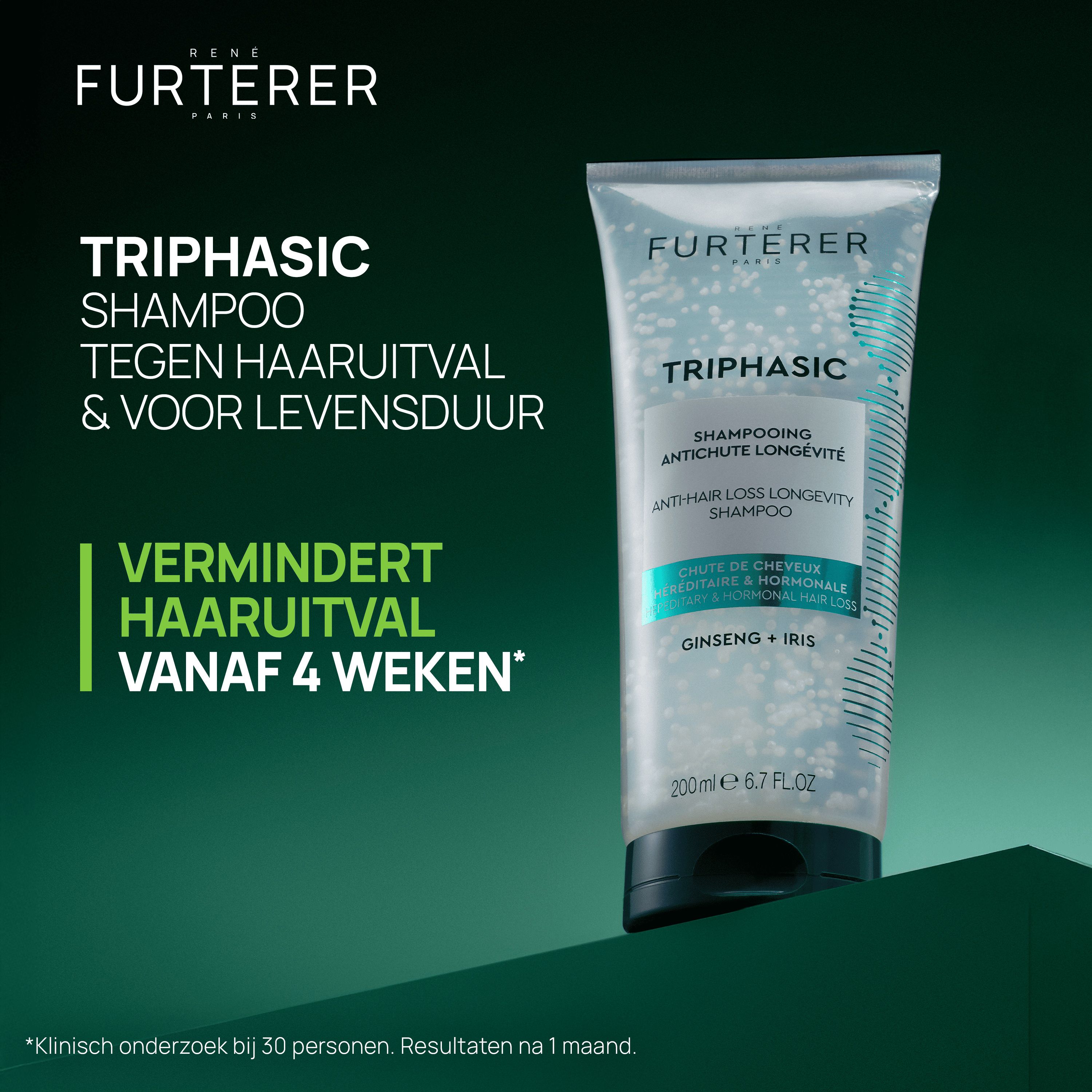 Reclamebeeld. Shampoo tube. Tekst: FURTERER, TRIPHASIC, Shampoo tegen haaruitval. Groene achtergrond.