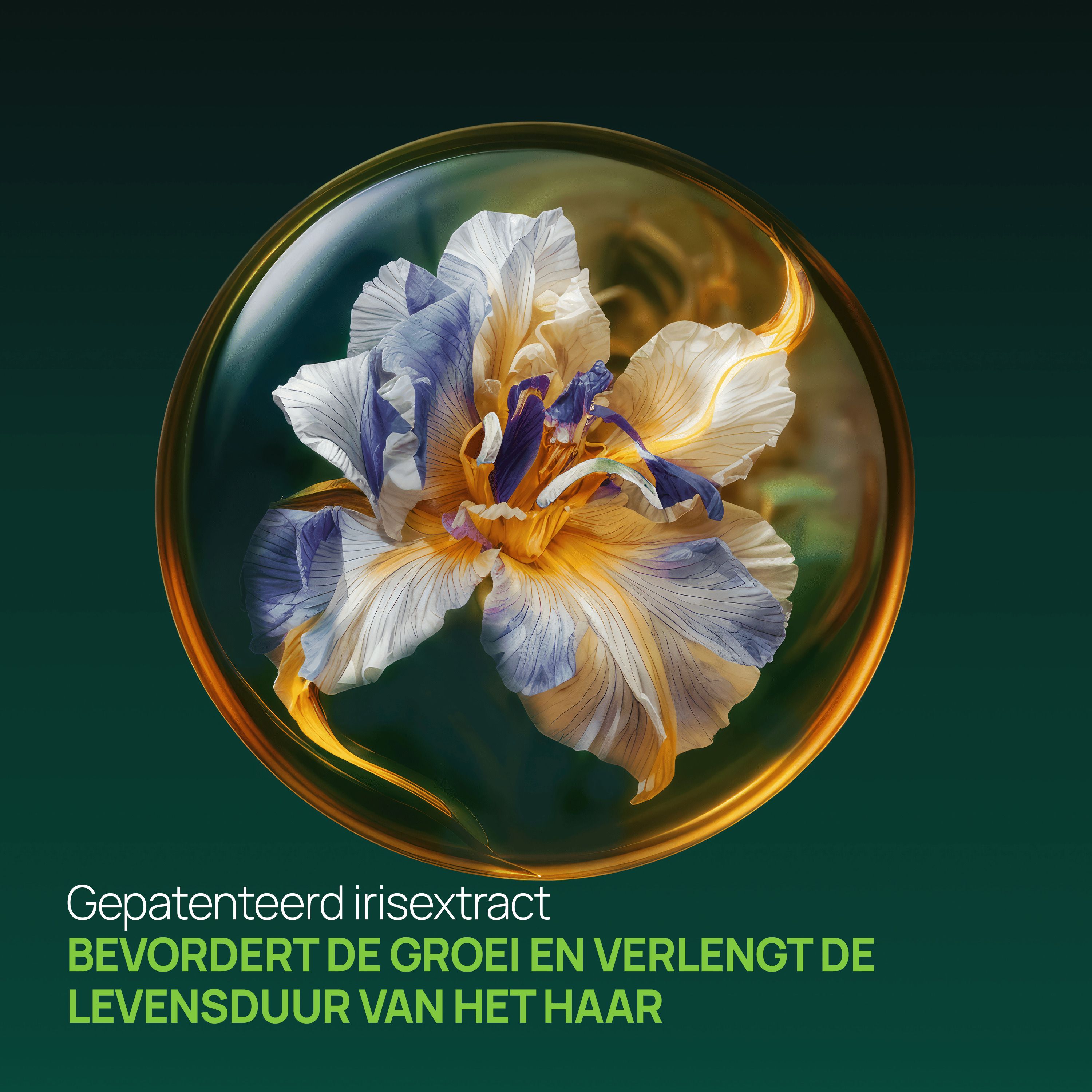 Close-up van een bloem in een gouden cirkel. Tekst: Gepatenteerd irisexract. Groene achtergrond.