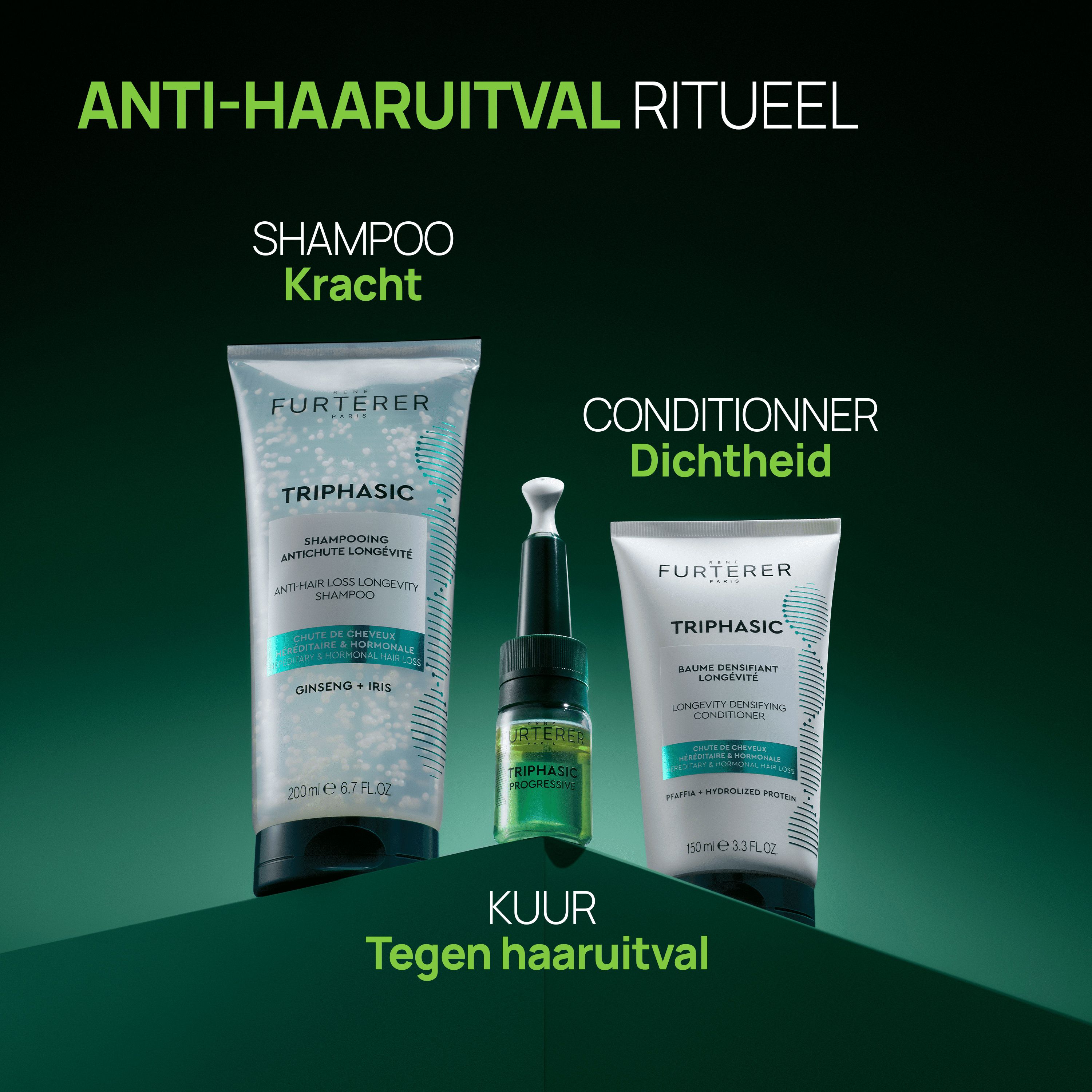 Productset. Tekst: Anti-haaruitval ritueel. Shampoo, serum, conditioner. Groene achtergrond.