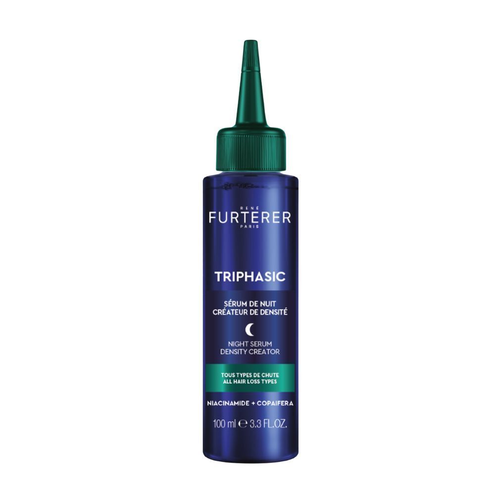 Flacon bleu foncé avec applicateur vert. Sérum de nuit Triphasic René Furterer, 100 ml.