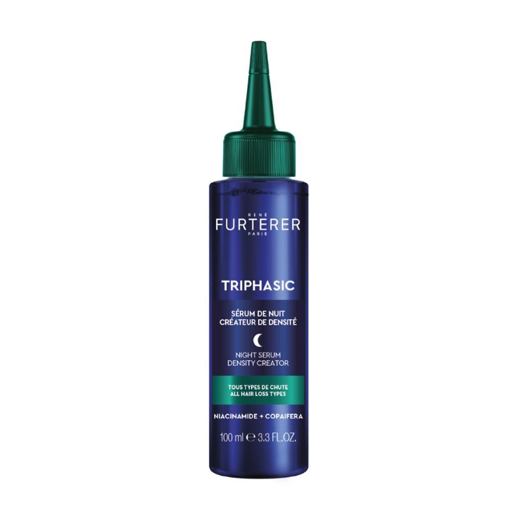 Donkerblauwe fles met groene applicator. René Furterer Triphasic Nachtserum Dichtheid Creator, 100ml.