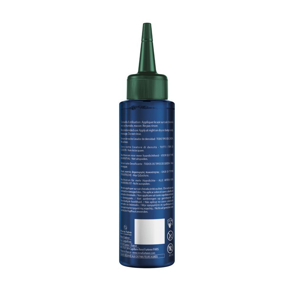 Donkerblauwe fles met groene applicator en instructielabel.
