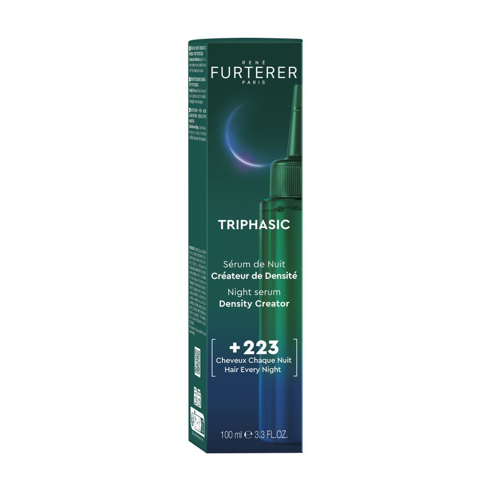 René Furterer Triphasic Nachtserum voor dichtheid, 100ml. Donkergroene verpakking met zilveren halvemaan logo.