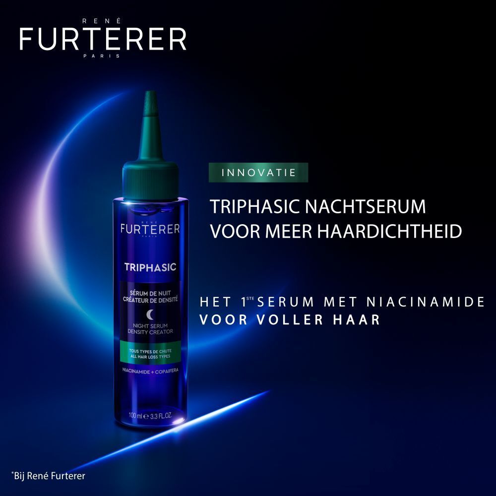 Donkerblauwe fles met groene dop, René Furterer Triphasic nachtserum voor haardichtheid.