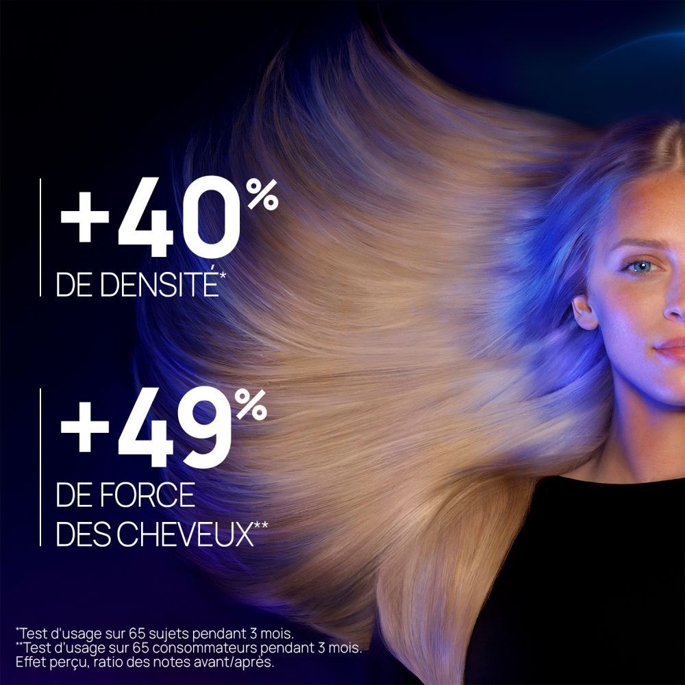 Femme aux cheveux volumineux et brillants. Texte indique +40% de densité et +49% de force.