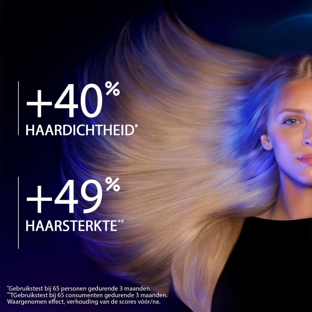 +40% haardichtheid, +49% haarsterkte. Blonde vrouw met lang, vol haar.