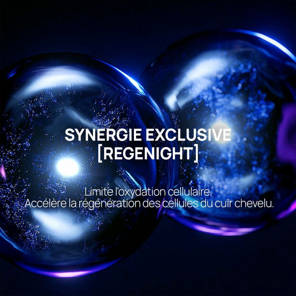 Deux sphères bleues lisses avec des particules lumineuses à l'intérieur. Texte : SYNERGIE EXCLUSIVE [REGENIGHT].