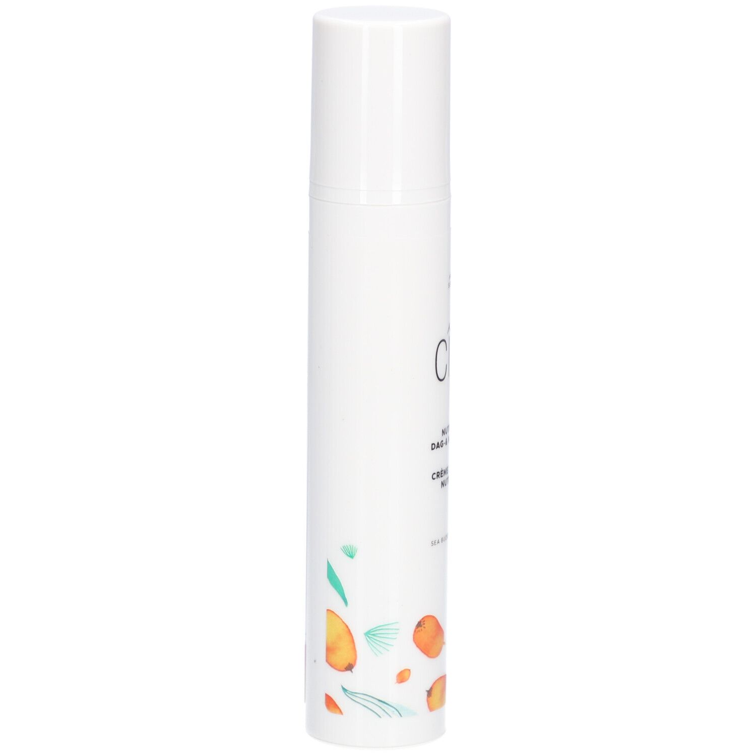 Witte crèmetube met dop. Opschrift: Cîme, Nutri-boost Dag & Nachtcrème, Crème Jour & Nuit Nutri-boost. Met illustraties.
