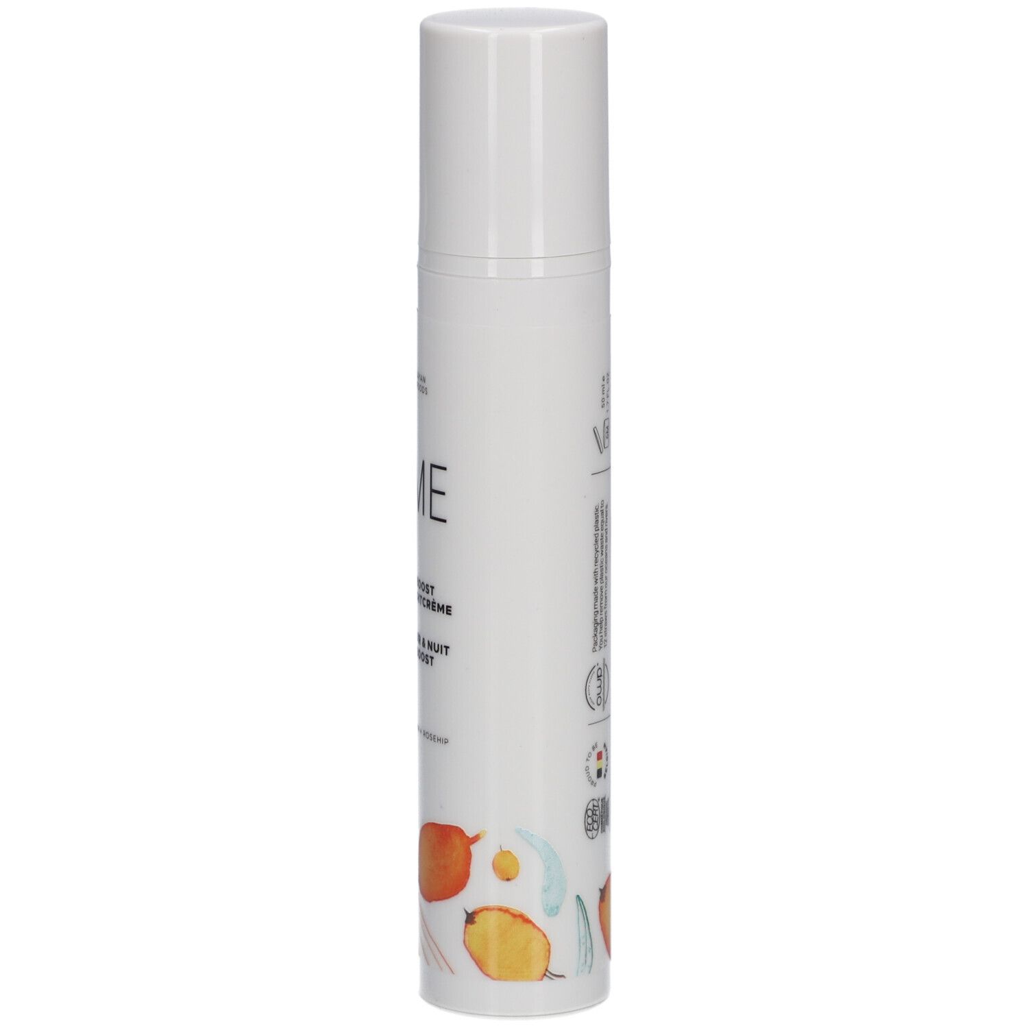 Witte crèmetube met dop. Opschrift: Cîme, Nutri-boost Dag & Nachtcrème, Crème Jour & Nuit Nutri-boost. Met illustraties.