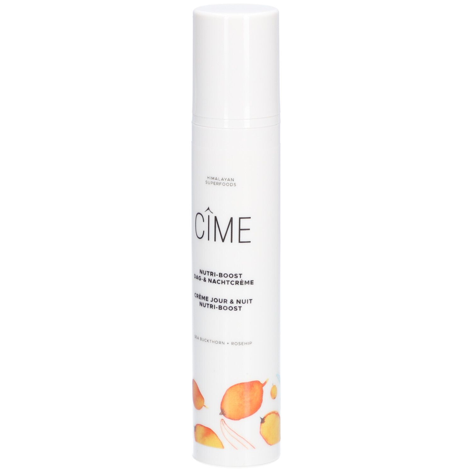 Witte crèmetube met dop. Opschrift: Cîme, Nutri-boost Dag & Nachtcrème, Crème Jour & Nuit Nutri-boost. Met illustraties.