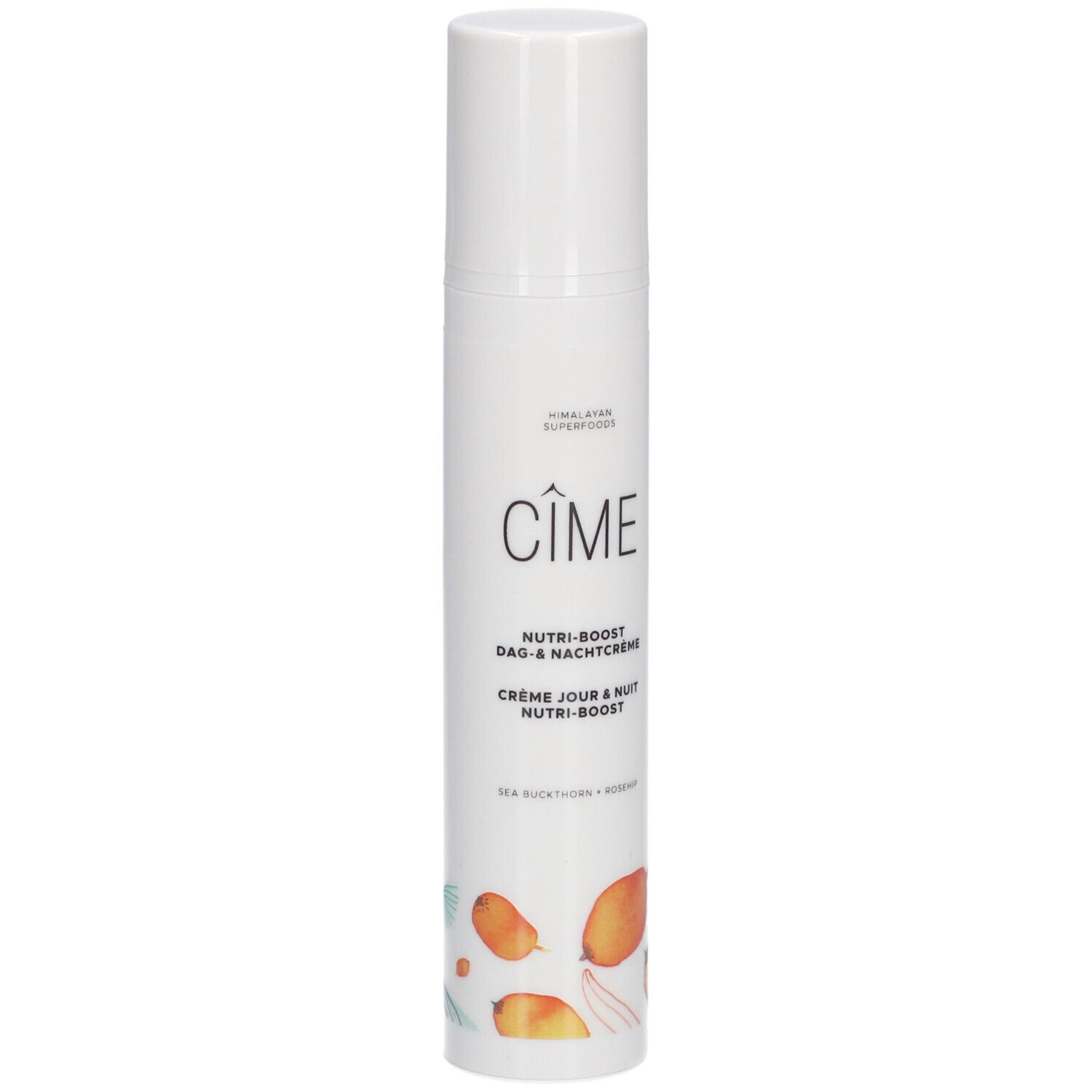 Witte crèmetube met dop. Opschrift: Cîme, Nutri-boost Dag & Nachtcrème, Crème Jour & Nuit Nutri-boost. Met illustraties.