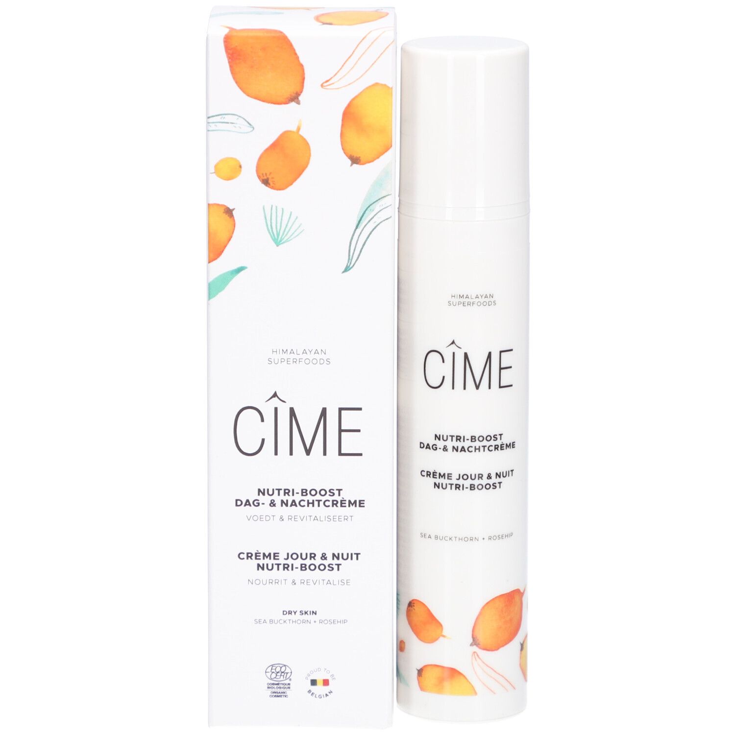 Crèmetube en verpakking. Opschrift: Cîme, Nutri-boost Dag & Nachtcrème, Crème Jour & Nuit Nutri-boost. Met illustraties en logo.