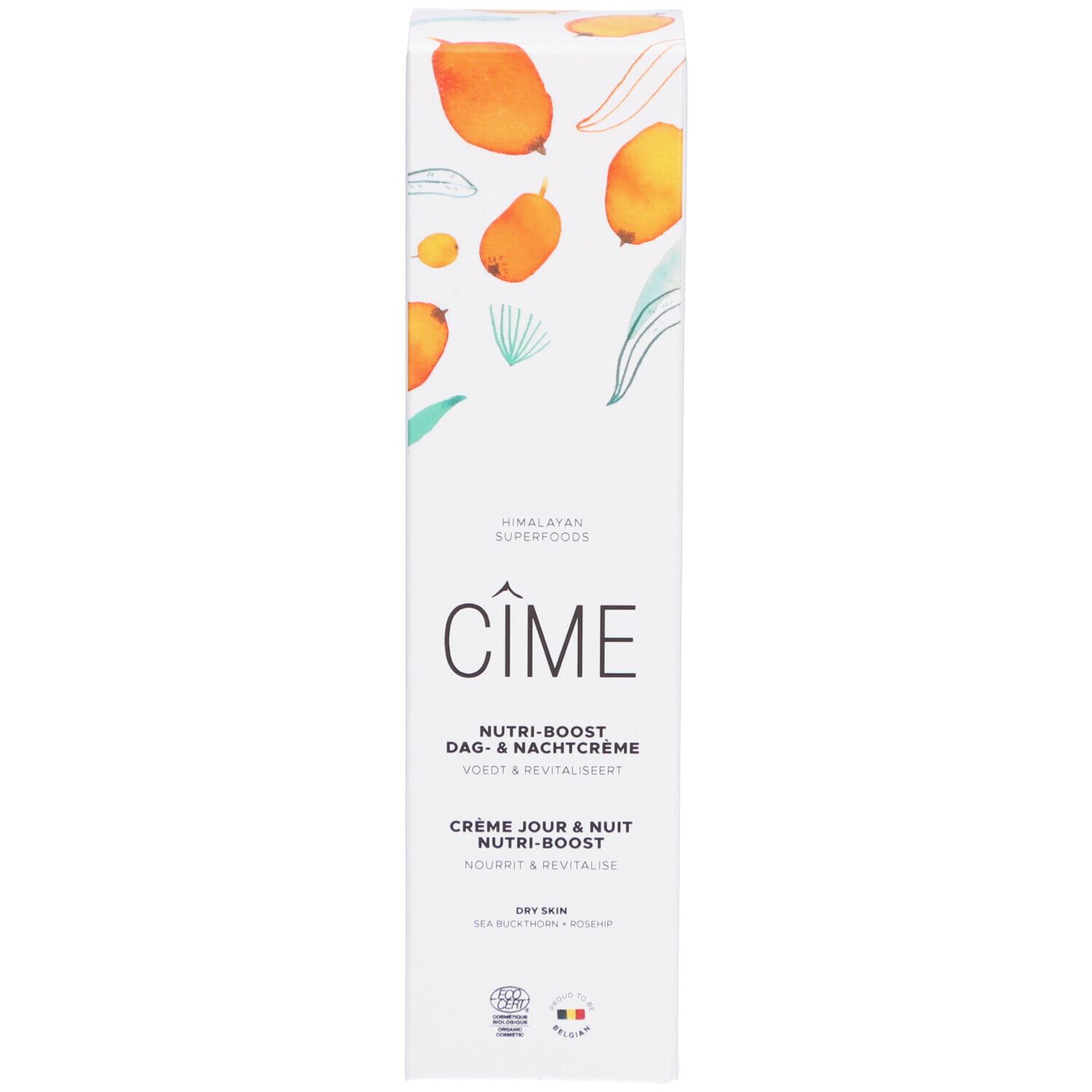 Verpakking. Opschrift: Cîme, Nutri-boost Dag & Nachtcrème, Crème Jour & Nuit Nutri-boost. Met illustraties en logo.