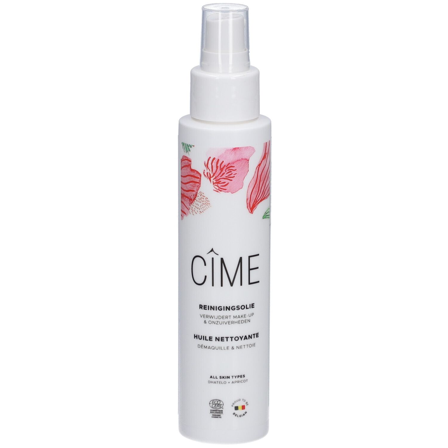 Witte fles met verstuiver. Opschrift Cîme, Reinigingsolie, Huile nettoyante. Bloemenmotief en logo.