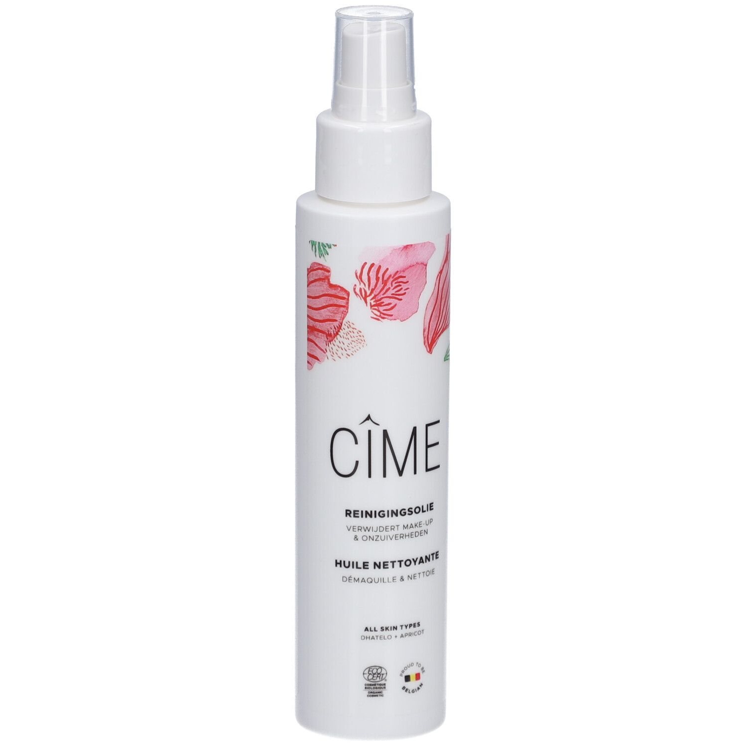 Witte fles met verstuiver. Opschrift Cîme, Reinigingsolie, Huile nettoyante. Bloemenmotief en logo.