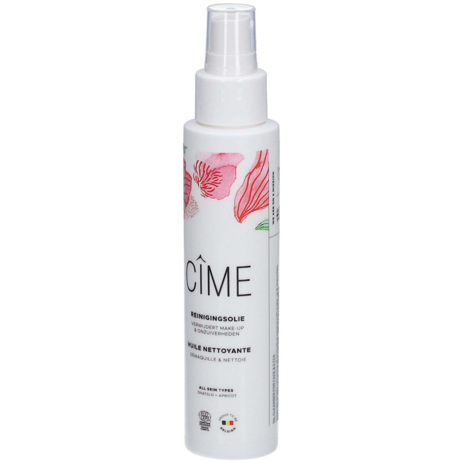 Witte fles met verstuiver. Opschrift Cîme, Reinigingsolie, Huile nettoyante. Bloemenmotief en logo.