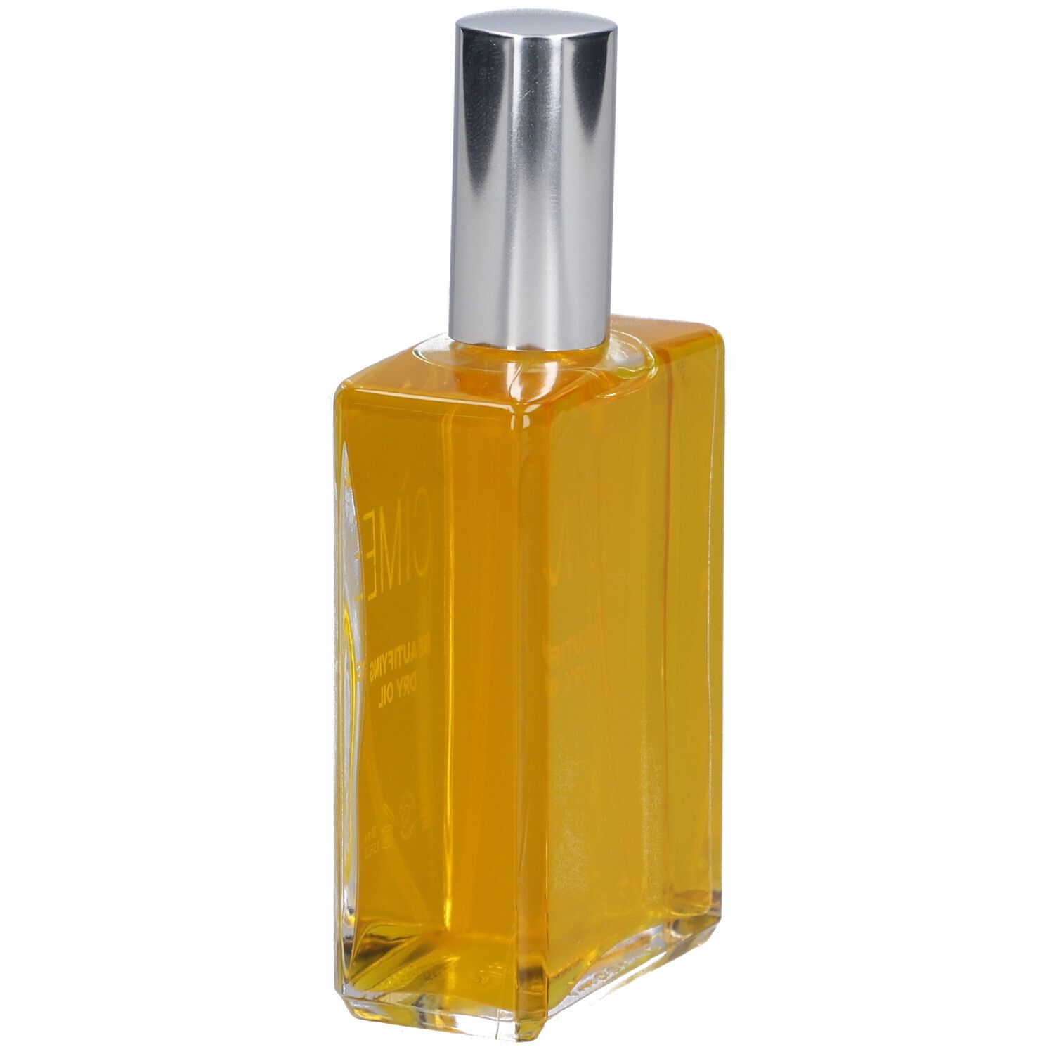 Glazen fles met gele olie, zilveren sproeikop. Cîme product.