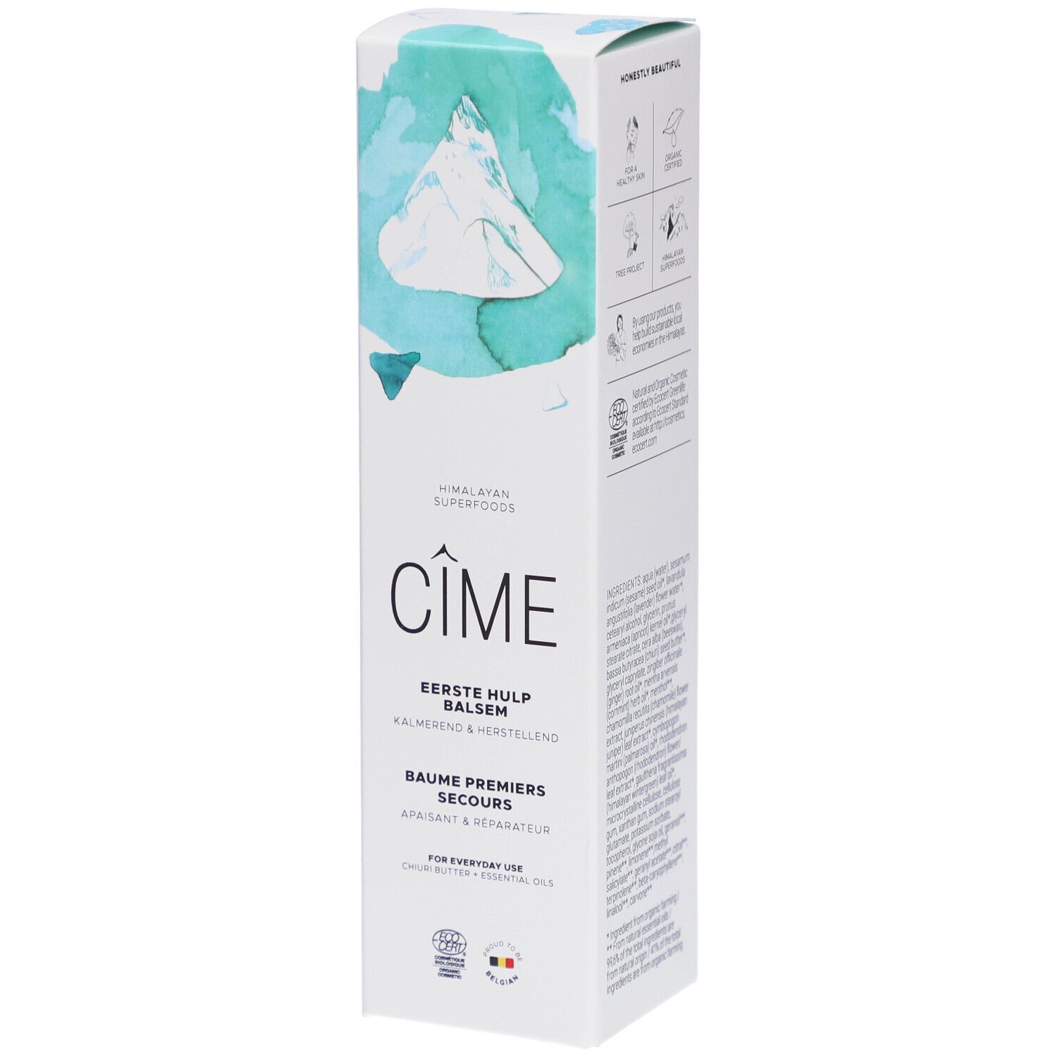 Witte doos met blauwgroene illustraties. Tekst: Cîme, Eerste Hulp Balsem, Baume Premiers Secours. Logo Ecocert.