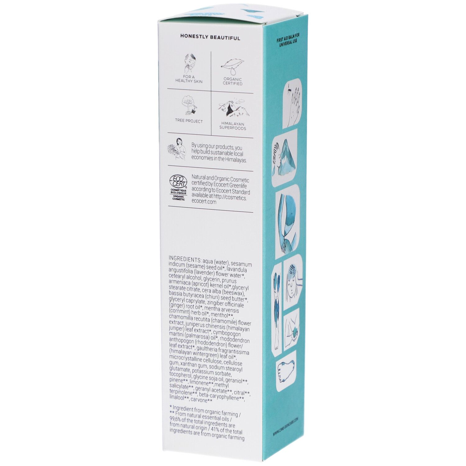 Zijkant van de witte doos. Tekst: Cîme, ingrediënten, certificeringen, illustraties. Logo Ecocert.
