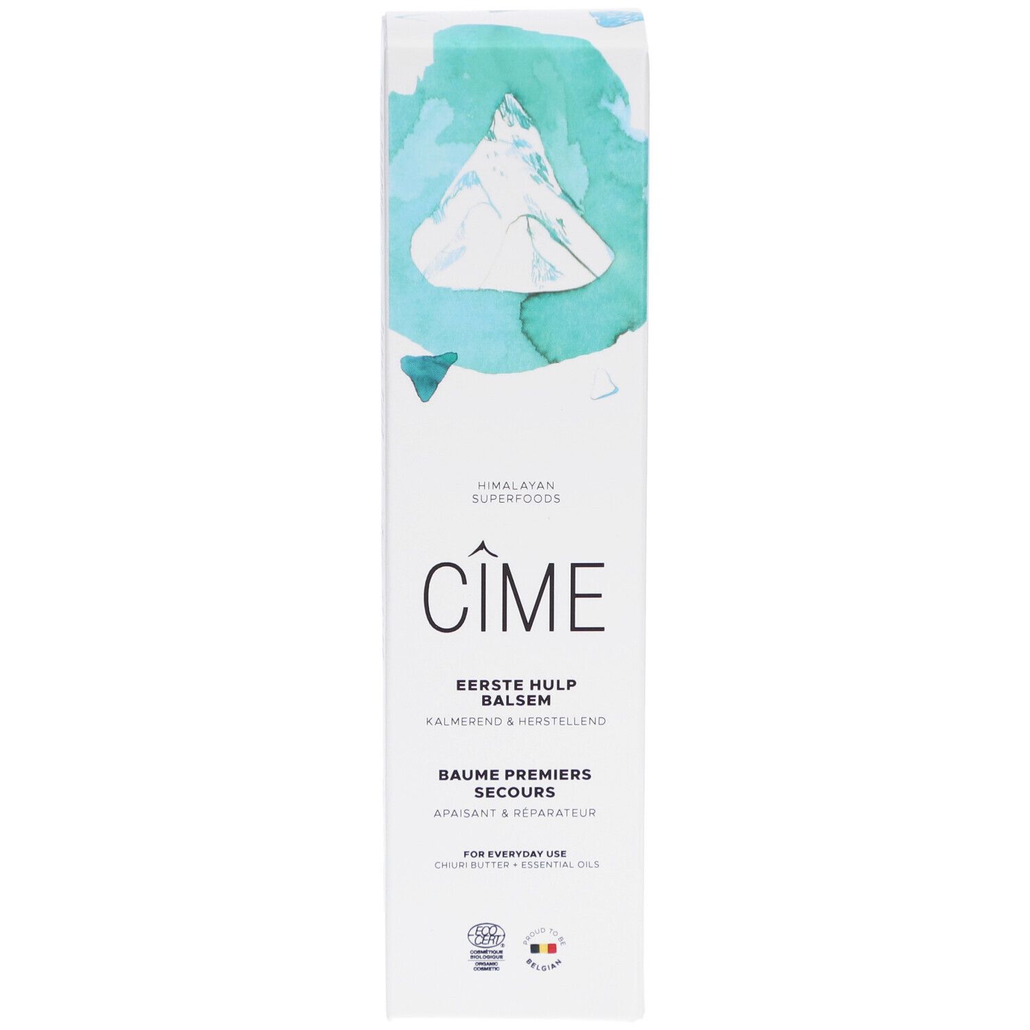 Witte doos met blauwgroene illustraties. Tekst: Cîme, Eerste Hulp Balsem, Baume Premiers Secours. Logo Ecocert.