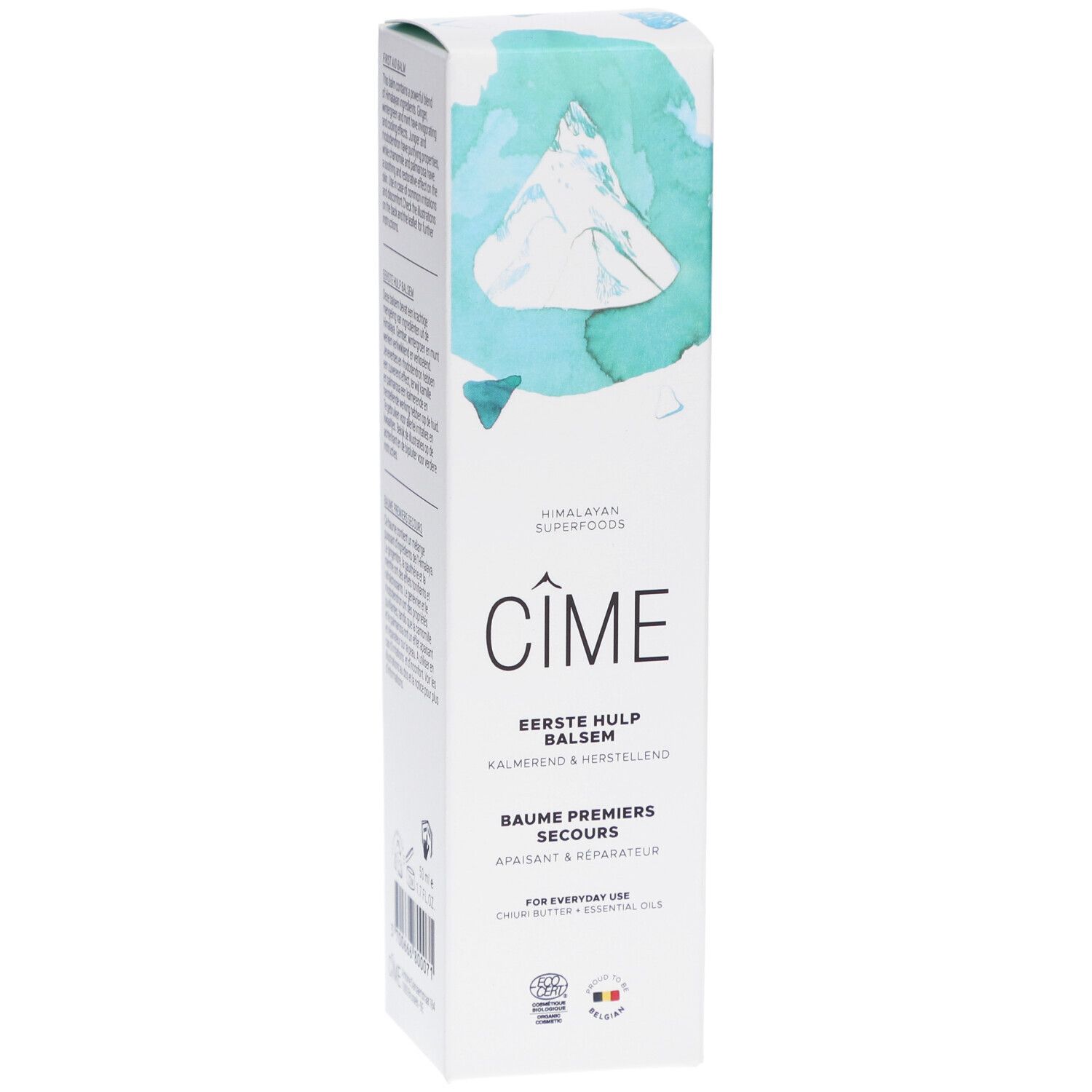 Witte doos met blauwgroene illustraties. Tekst: Cîme, Eerste Hulp Balsem, Baume Premiers Secours. Logo Ecocert.