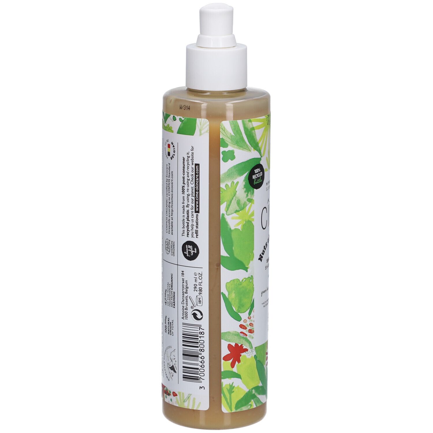 Achterkant shampoo fles. Tekst: Cîme, ingrediënten, certificeringen. Groen-wit bloemenpatroon. Witte dop.