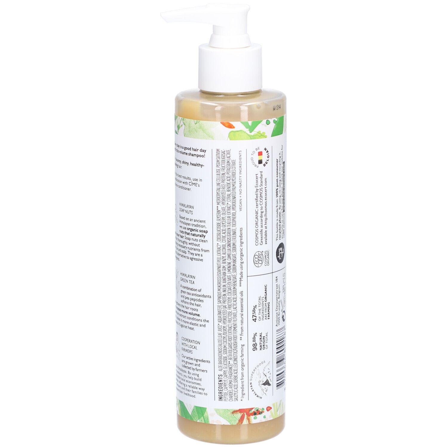 Achterkant shampoo fles. Tekst: ingrediënten, certificeringen. Groen-wit bloemenpatroon. Witte dop.