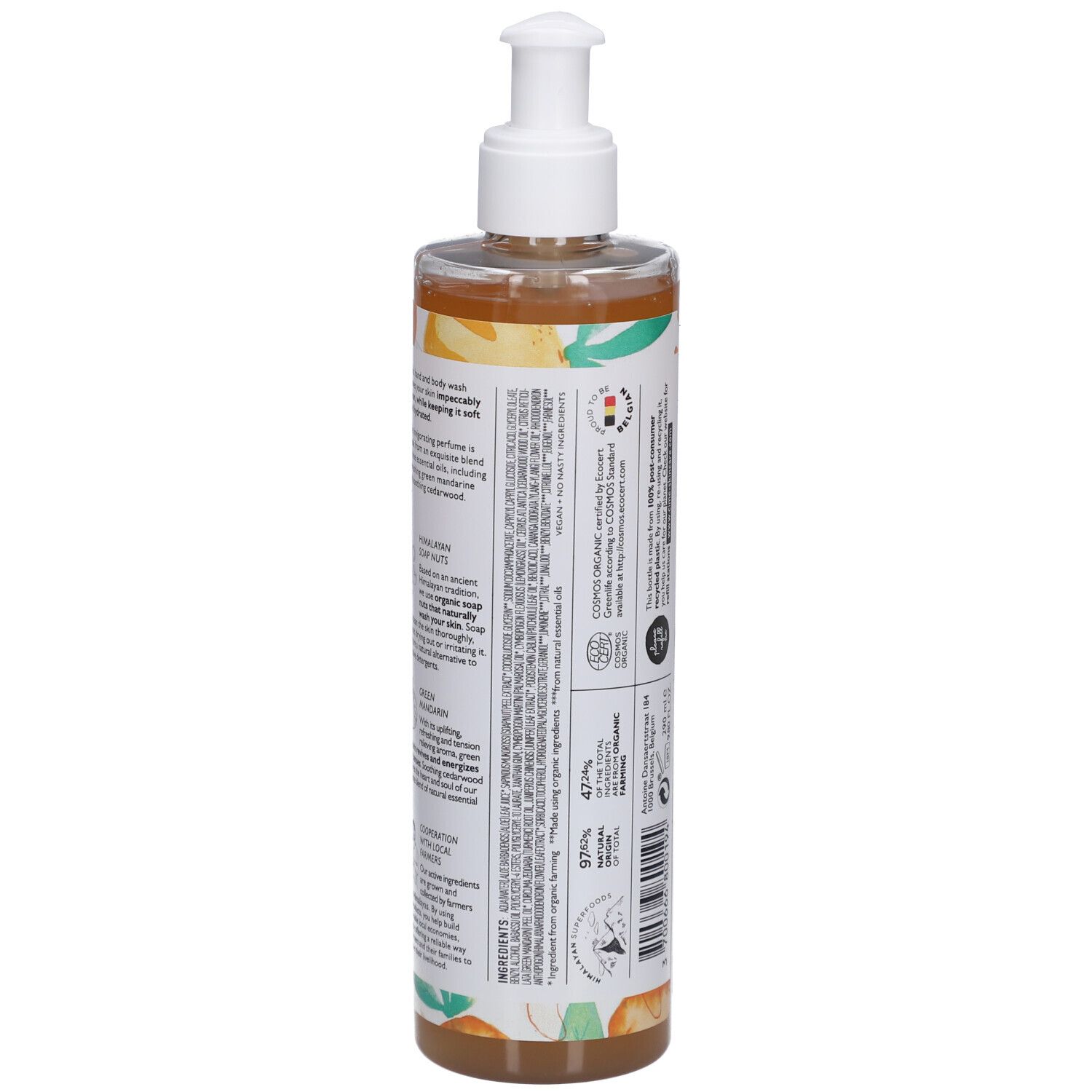 Transparante fles met witte pomp. Bedrukt met productinformatie en ingrediënten. Biologische certificering.