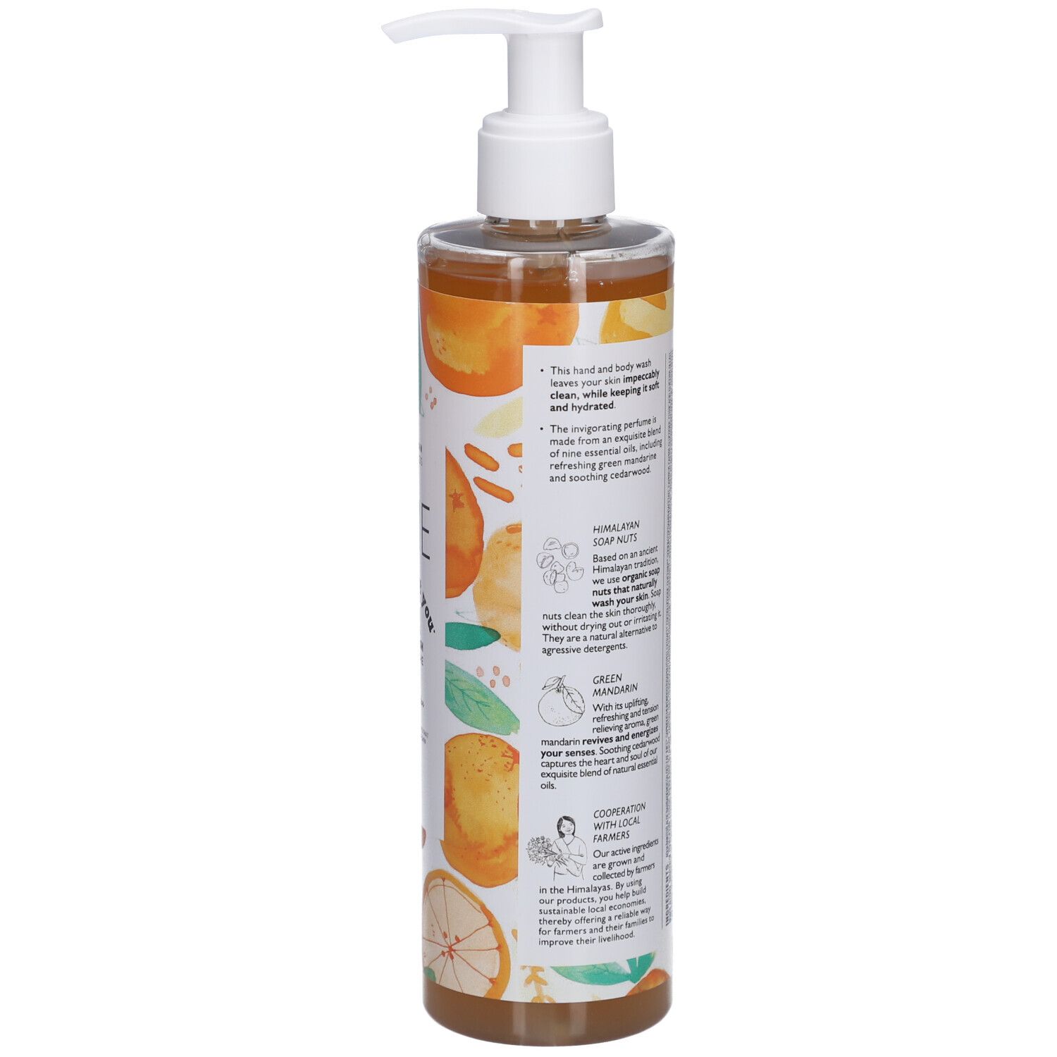 Transparante fles met witte pomp. Bedrukt met productinformatie en ingrediënten. Biologische certificering.