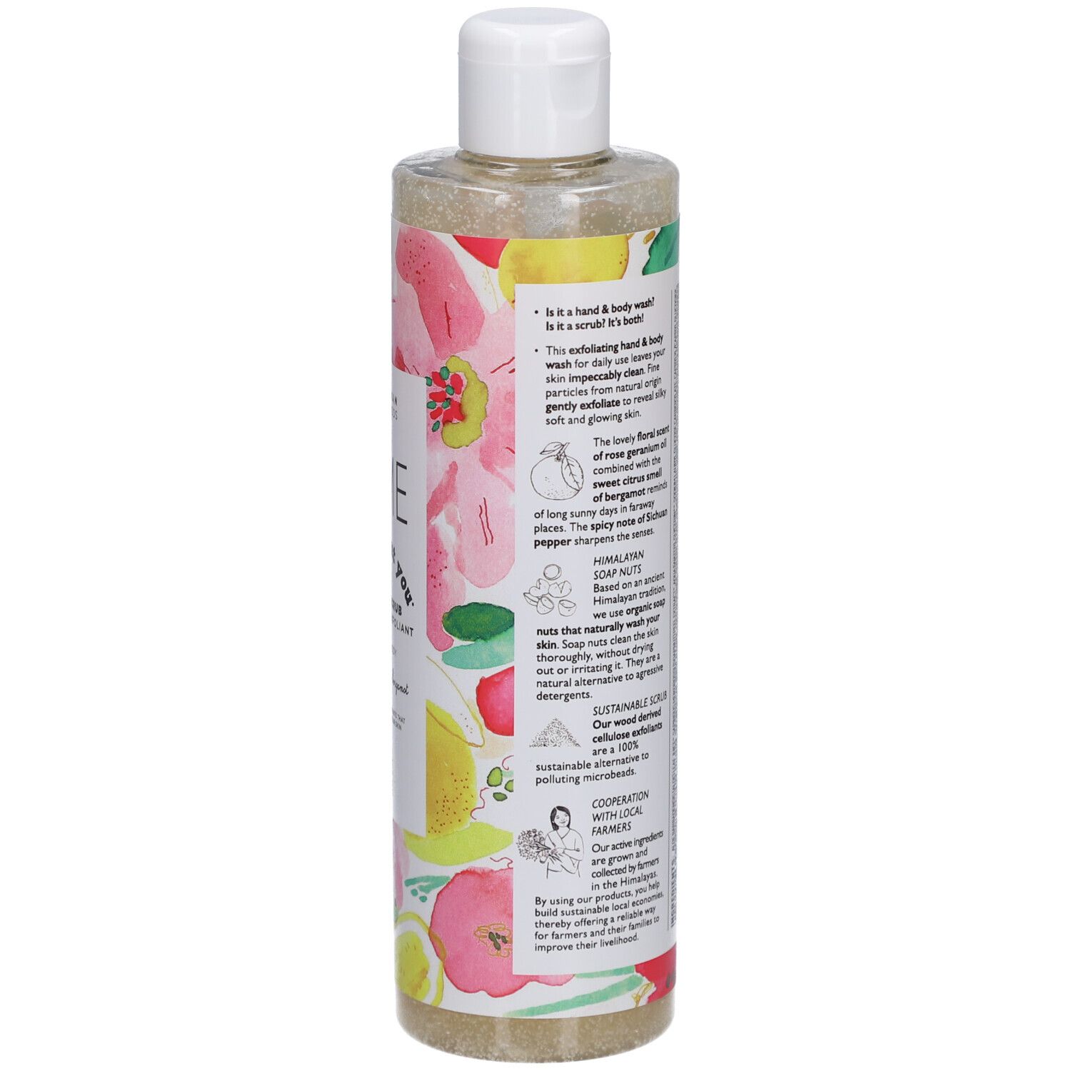 Dos du flacon Cîme Wash & Scrub. Ingrédients, certifications, informations produit et fabricant.