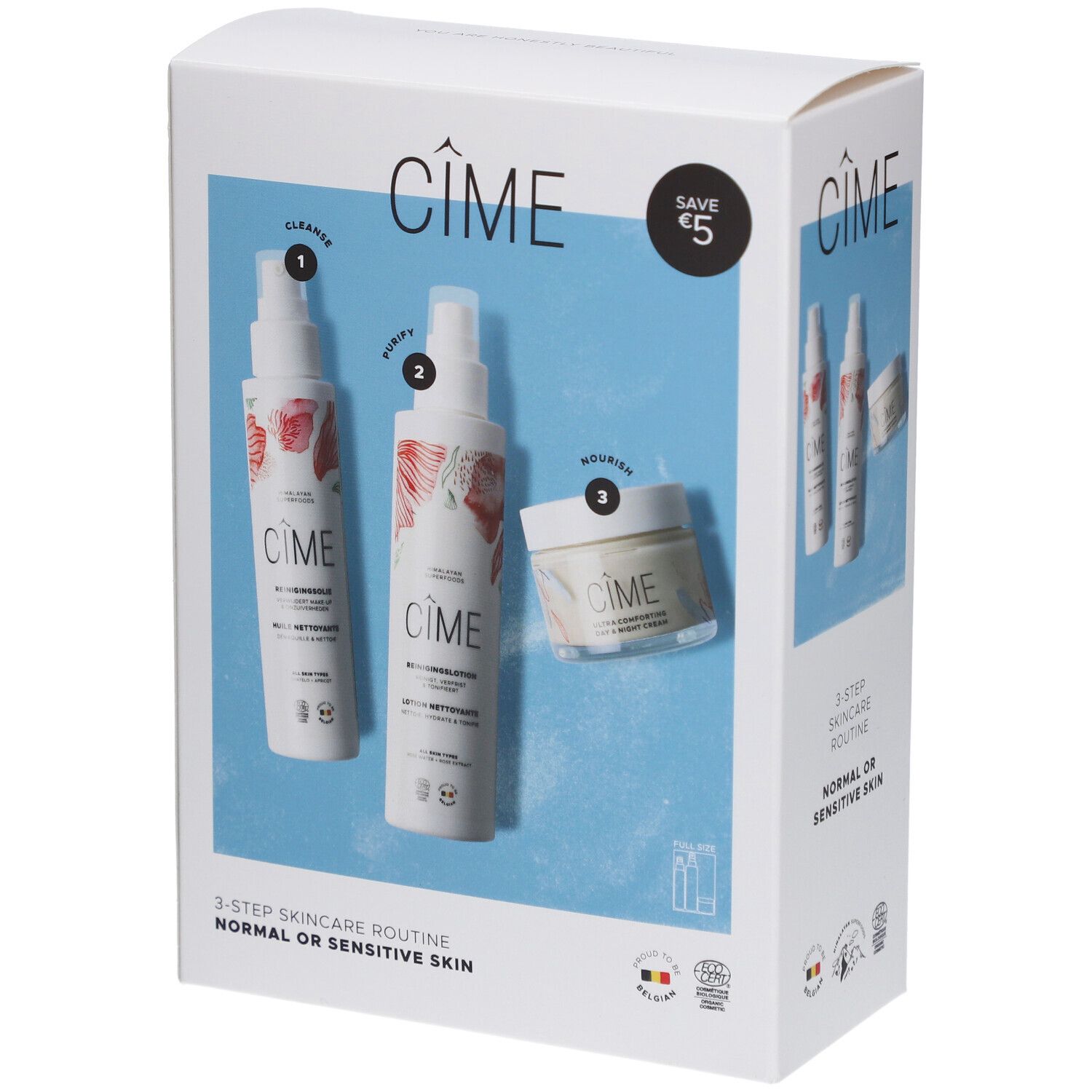 Coffret de soins Cîme. Contient trois produits : nettoyant, purifiant et crème. Emballage avec illustrations des produits.